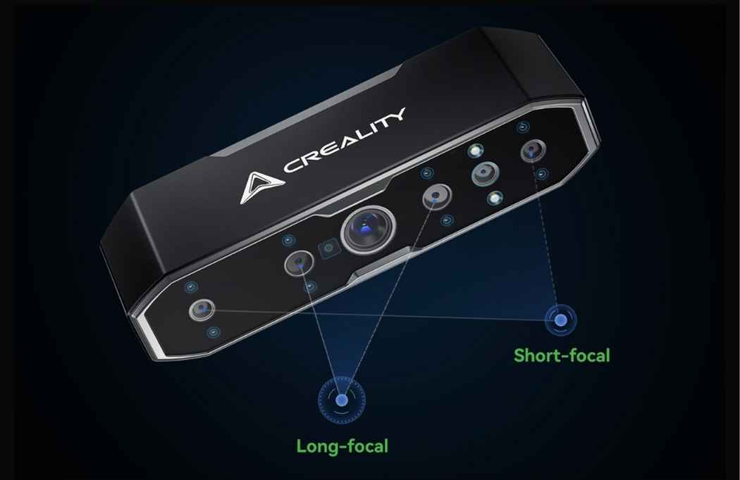 Four-Lens Stereo Vision - Long-focal pair for fine detail, short-focal pair for large objects, no lens swapping