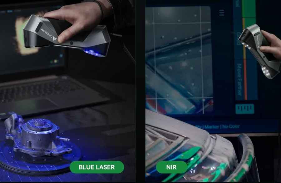 Dual-Mode Hybrid Scanning - Blue laser for fine detail, NIR structured light for faces, bodies and large objects