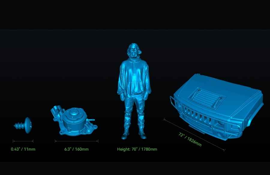 Scans 5mm to 2000mm - From an M3 bolt to a car panel, one scanner covers the whole range