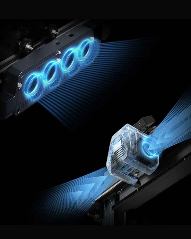 Omnidirectional Part Cooling - Two fans flanking the print head and four behind it for clean overhangs and bridges