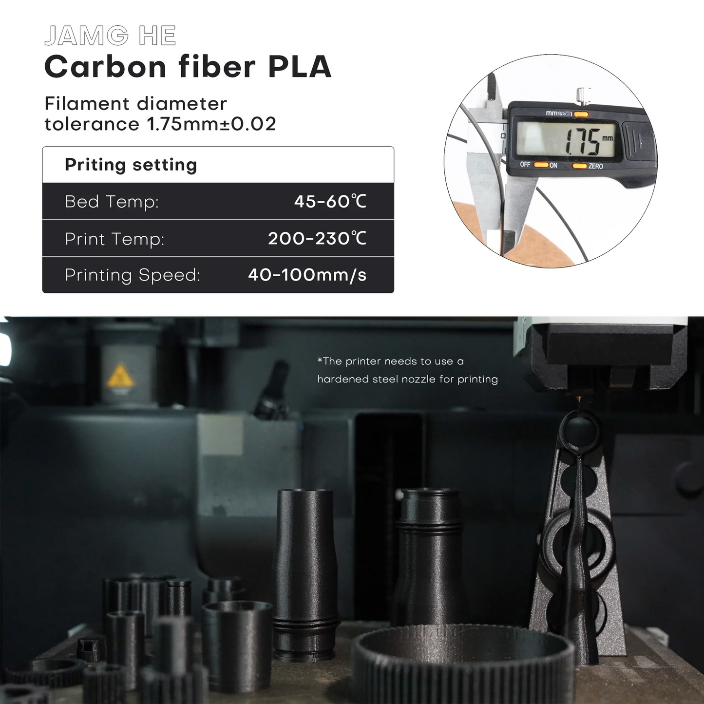 JAMG HE Carbon Fiber PLA  1.75MM Filament 1KG - Black